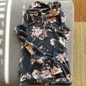 Long dark grey sweater with pink and white flowers